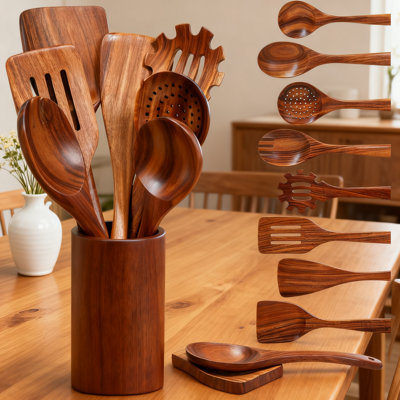 10-Piece Teak Wooden Utensil Set For Cooking With Holder | Natural Solid Wood Kitchen Tools | Non-Scratch, Heat Resistant Spatula Spoon Fork For Nonstick Cookware