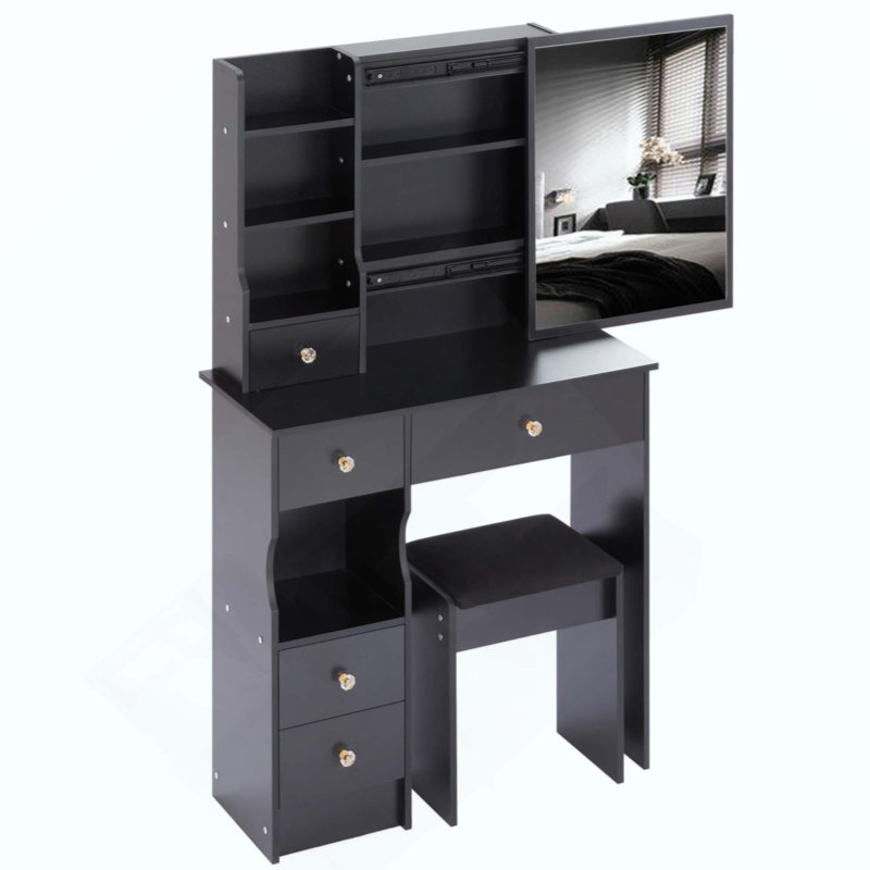 Small Space Left Drawer Desktop Vanity Table + Cushioned Stool, Extra Large Right Sliding Mirror, Multi Layer High Capacity Storage, Practical Fashionable Dresser, Suitable For Small Space
