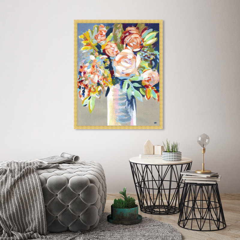 Cadre floral peint à l'orange, Cadre doré, H 32 po x l 26 po