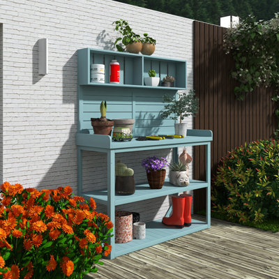 Table de rempotage d'extérieur rustique en bois, poste de travail de patio, banc de rempotage de jardin avec 4 tablettes de rangement et crochet latéral, vert