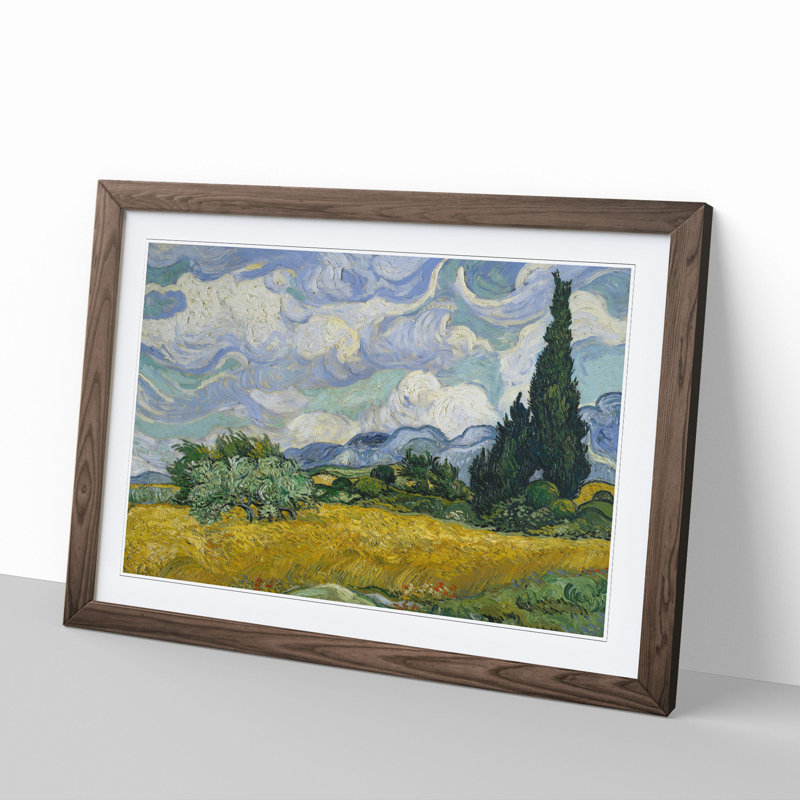 A Wheatfield with Cypresses Vol.1 by Vincent Van Gogh - Picture Frame Painting, Walnut Framed, 48cm H x 65cm W x 2cm D
