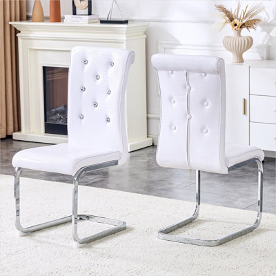 Ensemble de 2 chaises d'appoint en relief en alligator rétro, cuir synthétique blanc doux, pieds en métal galvanisé