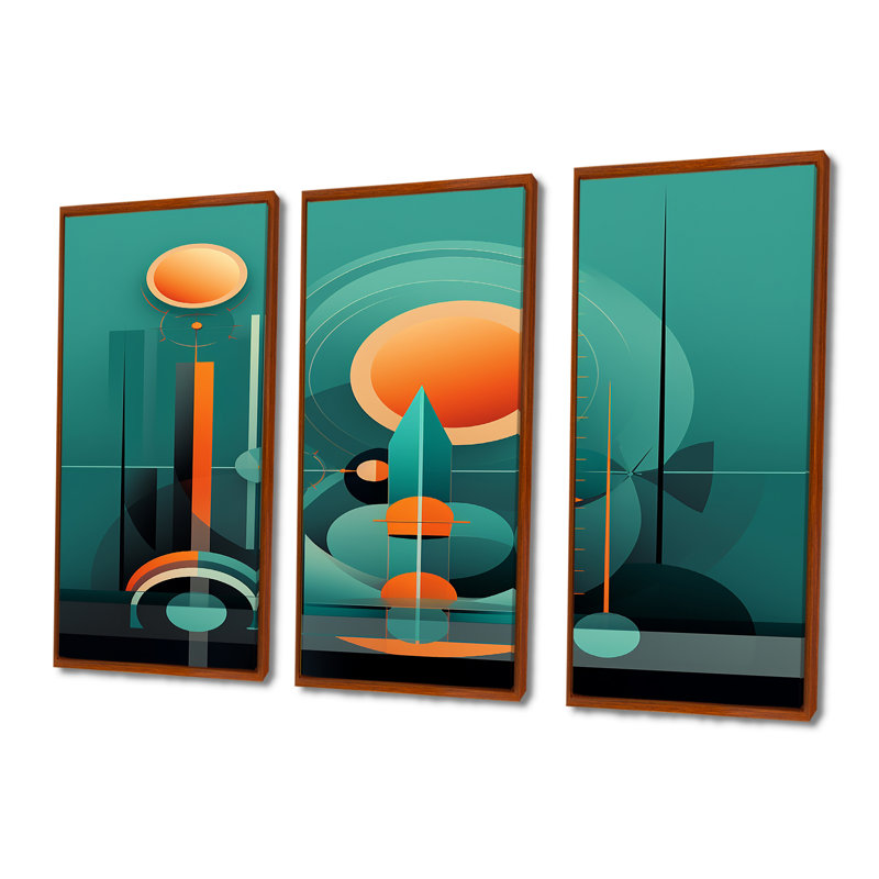 Ensemble d'art mural rétro moderne pleine lune City I - Mid-Century, Cadre flottant brun, H 40 po x l 60 po x P 1 po