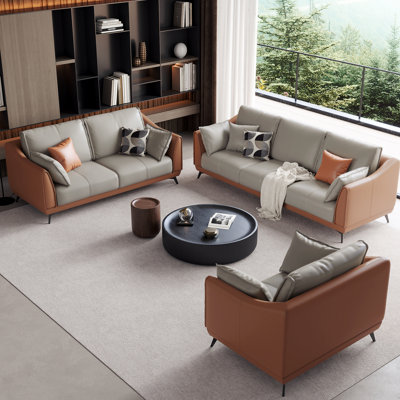 Modern Gray/Brown 3 - Piece Faux Leather Living Room Sofa Set(Set of 3)