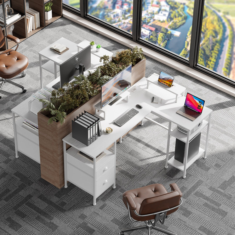 Reversible L-Shaped Corner Computer Desk with Charging Station, File Cabinet, Monitor Stand & Storage, Home Office Workstation