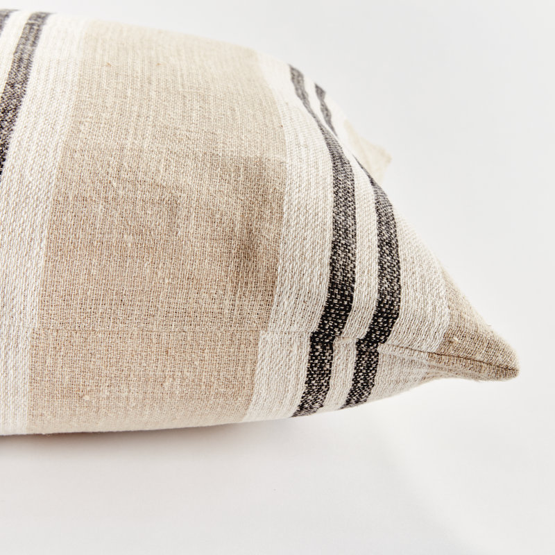 Finn Linen Throw Square Pillow Cover & Insert, Square 24" x 24", Flax/Charcoal Striped 1