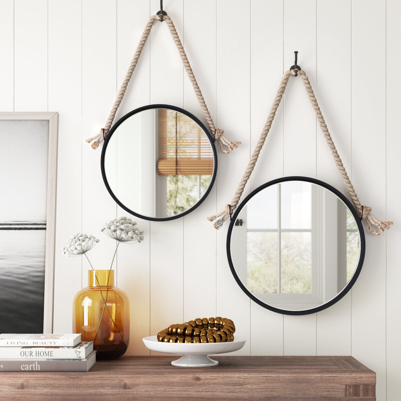 Parowan Dark Brown Iron Framed Round Accent Mirror with Hanging Rope, 25.5" x 14.62"