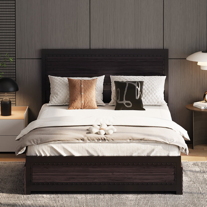 Structure de lit avec 4 tiroirs de rangement et station de charge, structure de lit plateforme avec tête de lit, support de lattes en métal robuste, aucun sommier nécessaire pour la chambre à coucher