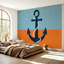 Murale auto-adhésive moderne pour la chambre à coucher Peel and Stick L 69 po x l 96 po avec imprimé ancre nautique bleu et orange