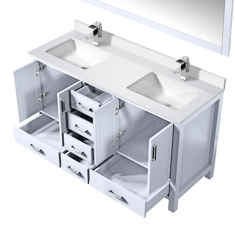 60 po L x P 22 po. Meuble-lavabo blanc avec comptoir en quartz, robinet et miroir de 58 po pour une surface de bain quotidienne