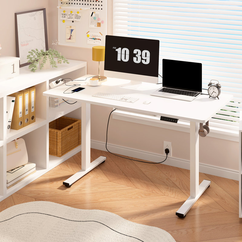 Adjustable Standing Desk, Whole-Piece Desktop, White, 55" W x 28" D