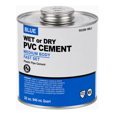 SUPPLYGIANT 32 oz PVC Wet or Dry Blue Cement Regular Body Fast Set for Potable Water Sewer and Drain Vent Low - VOC