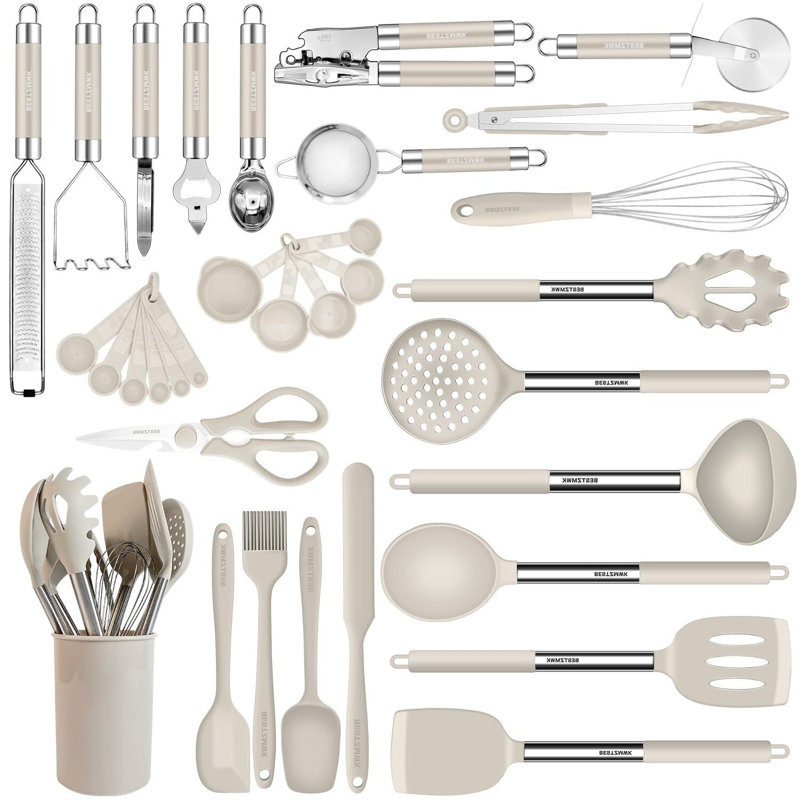Khaki Non-Stick Silicone and Stainless Steel 33-Piece Cooking Utensils Set