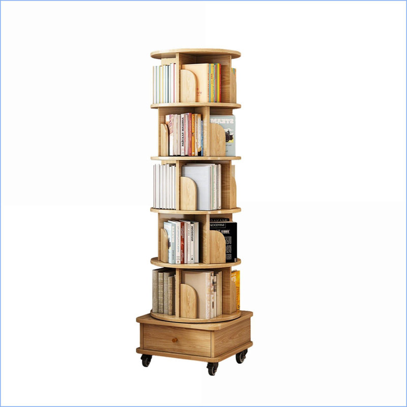 Bookshelf, 360° Rotating 6 Tier with Wheels &amp; Drawer, Space-Saving Walnut Brown for Home Office | Wood | MDF