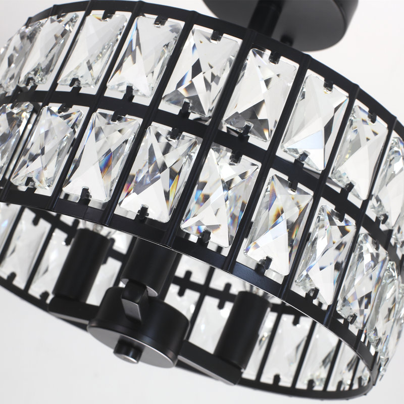 3-Light Crystal Ceiling Light Fixture Semi Flush Mount Chandelier with Drum Shade, Black