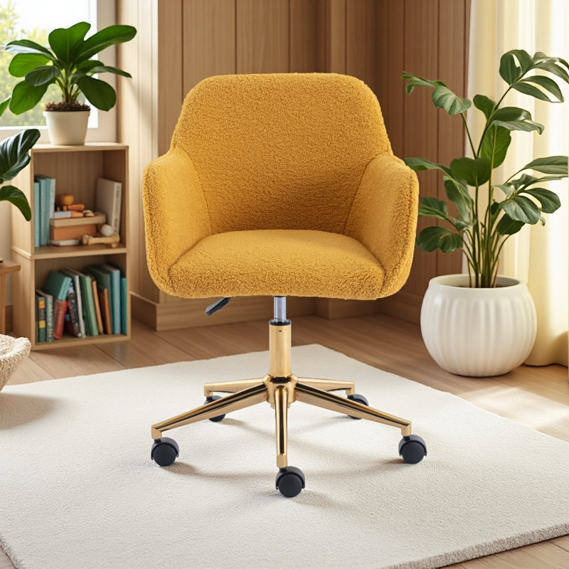 Modern Adjustable Height 360 Revolving Home Office Chair With Gold Metal Legs And Universal Wheel For Indoor, Teddy, Yellow