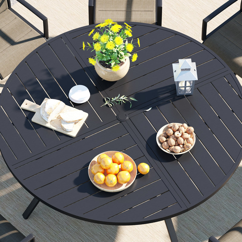 Patio Dining Set with 60" Metal Round Dining Table and 8 Padded PVC-coated polyester Swivel Chairs, Black/Navy