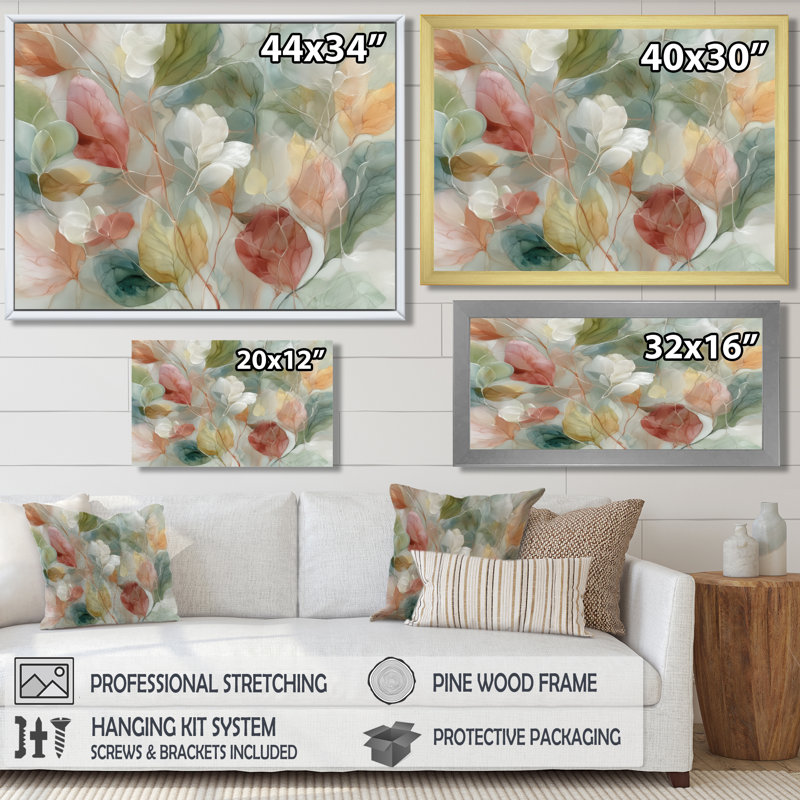 «Soft Leaves In Hazy Watercolor - Plants», reproduction d'art encadrée sur toile botanique blanche, H 34 po x l 44 po