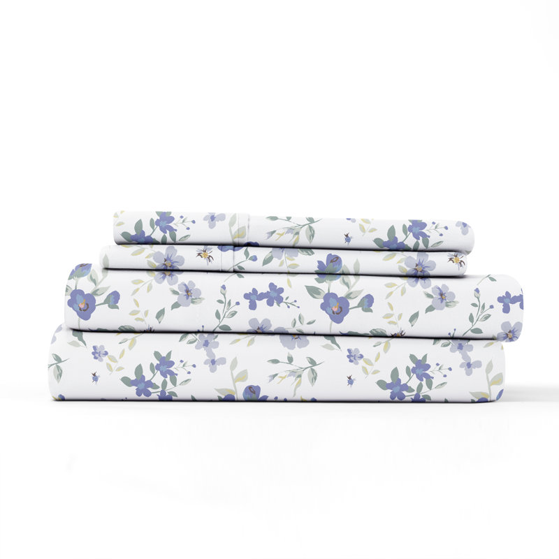 Light Blue Floral Microfiber Full Bed Sheet Set