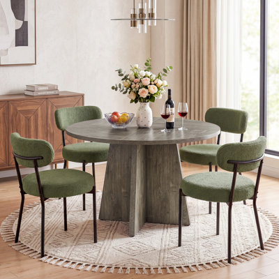 Round Pedestal Dining Table Set with 2/4/6‑Pack Boucle Sherpa Upholstered Dining Chairs, Modern Dining Room & Kitchen Table Furniture