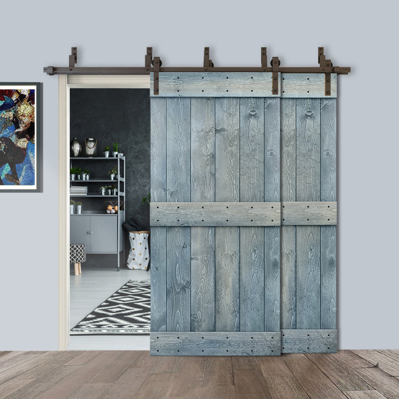 Porte de grange double à panneaux en bois teinté à panneau Mid-Bar, 40 po x 84 po, Bleu denim