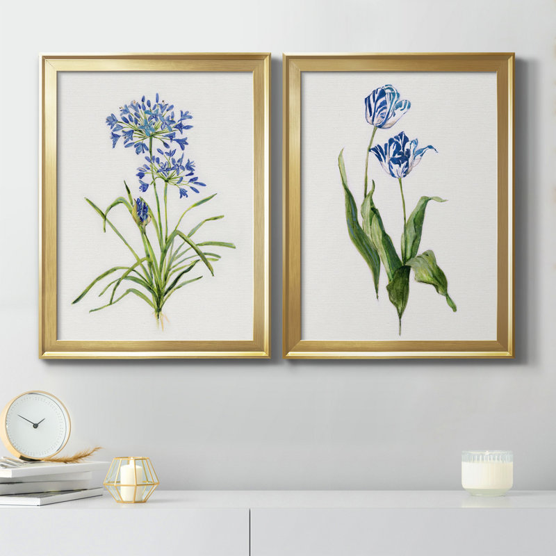 «Blue Lived Botanical I», ensemble de 2 reproductions d'art sur toile encadrées, H 18,5 po x l 49 po x P 1,5 po, Or