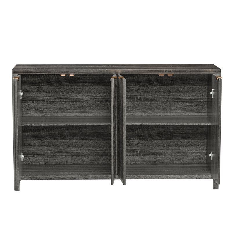 Buffet cannelé à flancs, grande crédence moderne de 55 po avec 4 portes, console média pour le vestibule du salon, noir