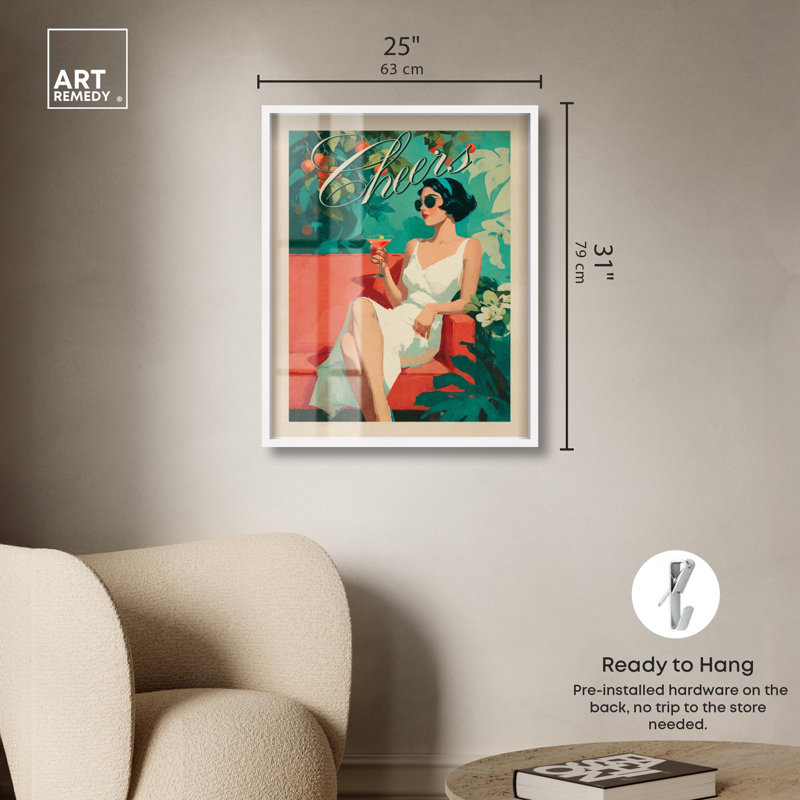 Cheers Lady Shadowbox Print Summer Art Prints par Art Remedy, H 31 po x l 25 po, Blanc