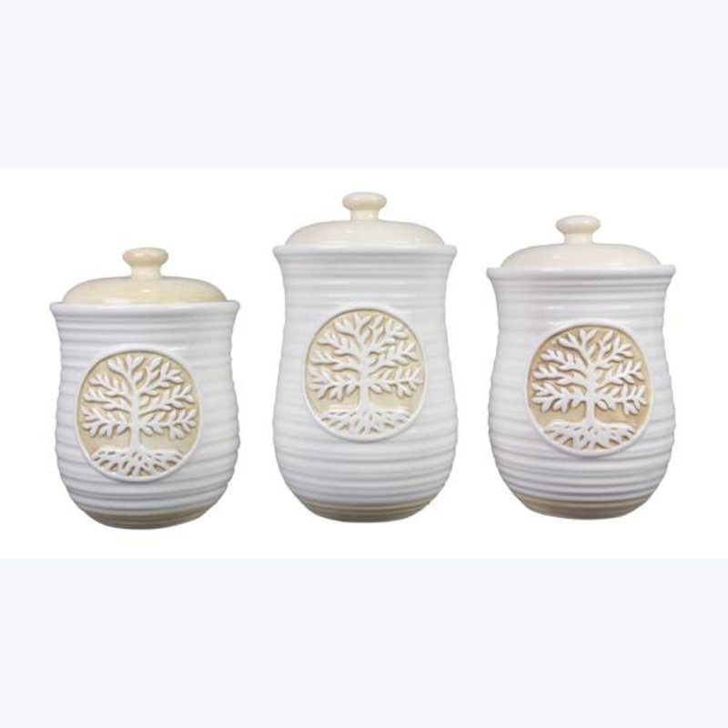 Off-White Ceramic Tree of Life Canister Set with Lids