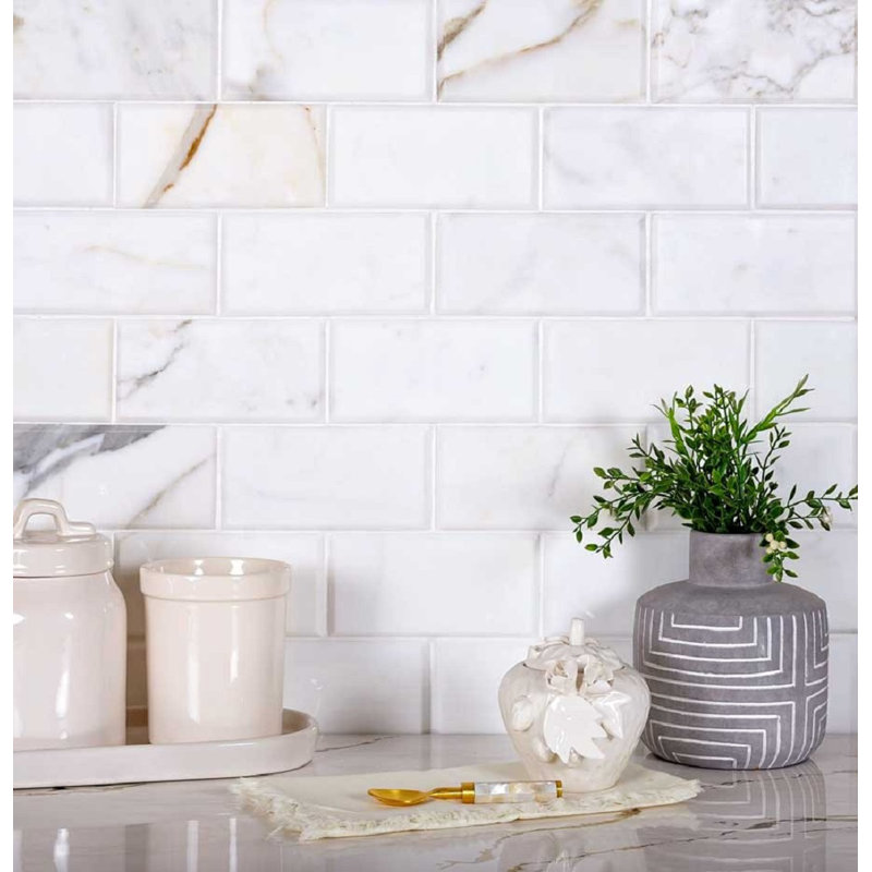 3" X 6" Beveled Marble Subway Tile, White