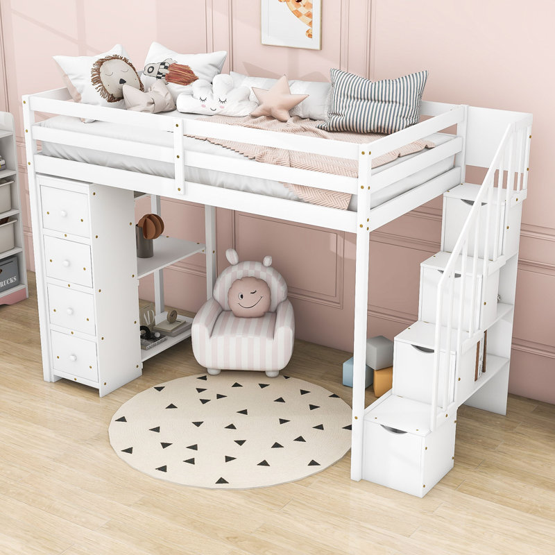 Lit mezzanine simple en bois avec 4 tiroirs, tablettes et escaliers Henoch, Blanc