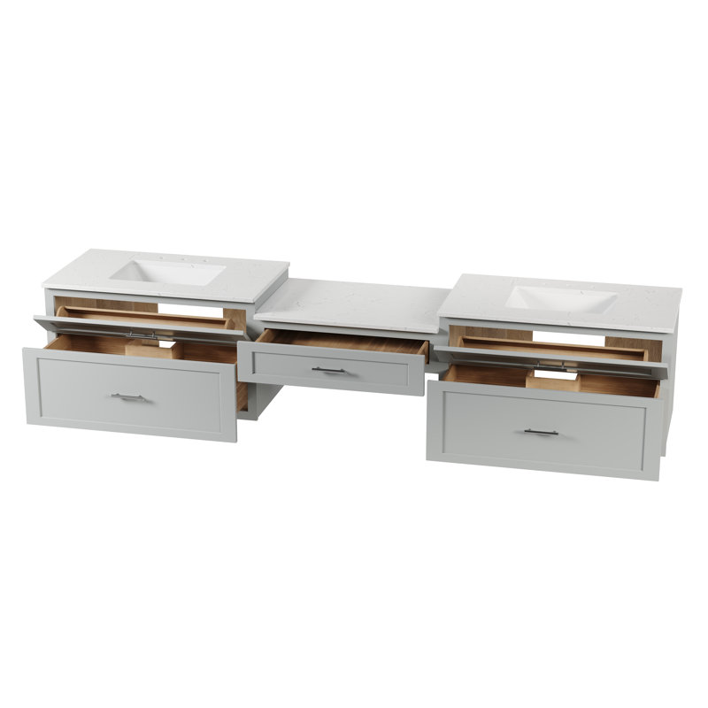 Meuble-lavabo mural flottant double 102 po avec comptoir en quartz Carrara, Gris