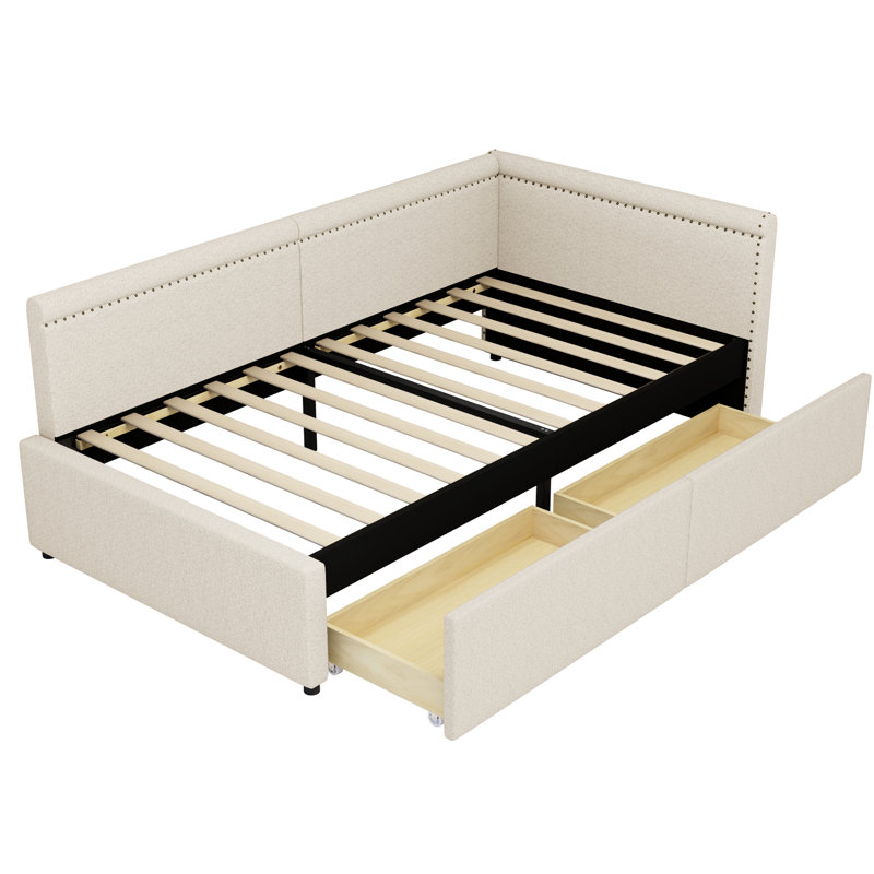 Lit de jour en L simple rembourré en lin beige, deux tiroirs de rangement, lit de jour confortable pour jouer avec du tissu, utilise efficacement les espaces de coin