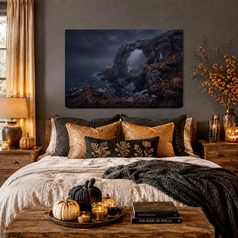 Toile murale d'Halloween représentant une arche rocheuse côtière sombre et orageuse surplombant l'océan, H 28 po x l 40 po