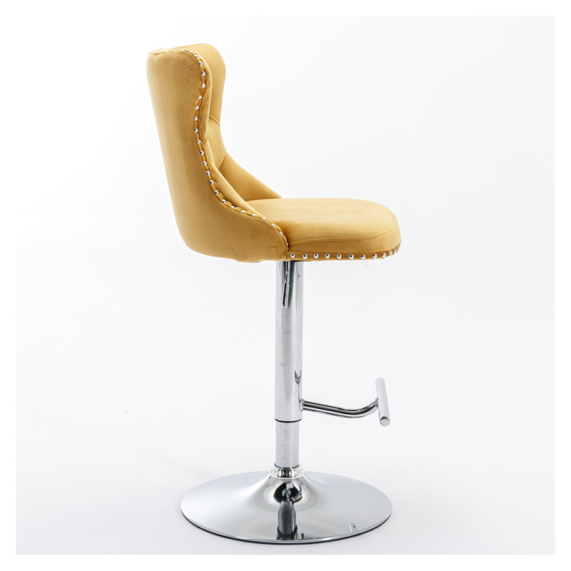  Ensemble de 2 tabourets de bar pivotants en velours, hauteur de siège réglable de 25 à 33 pouces, tabourets de bar modernes à base chromée avec dossier capitonné, or pour bistro et îlot de cuisine