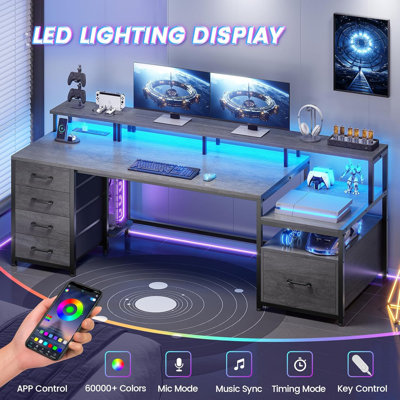 75'' Large Computer Desk with File Drawer & Power Outlet Led Lights