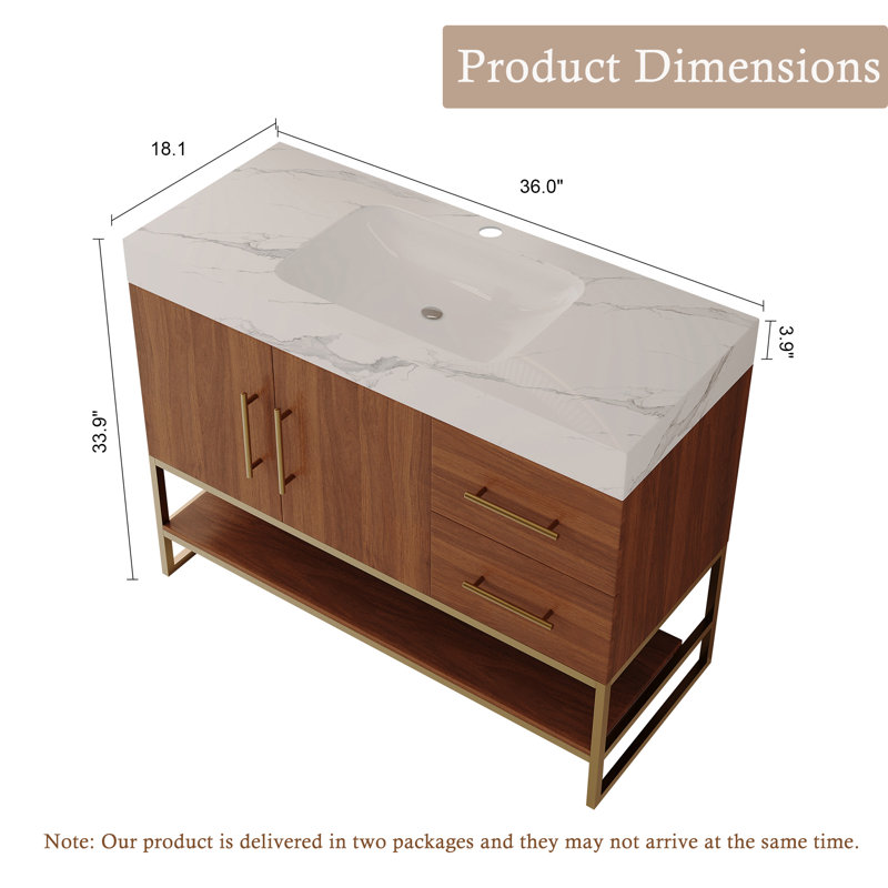 36" Retro Bathroom Vanity With Ceramic Sink & Gold Handls, Freestanding Wood Cabinet With 2 Drawers For Bathroom Storage