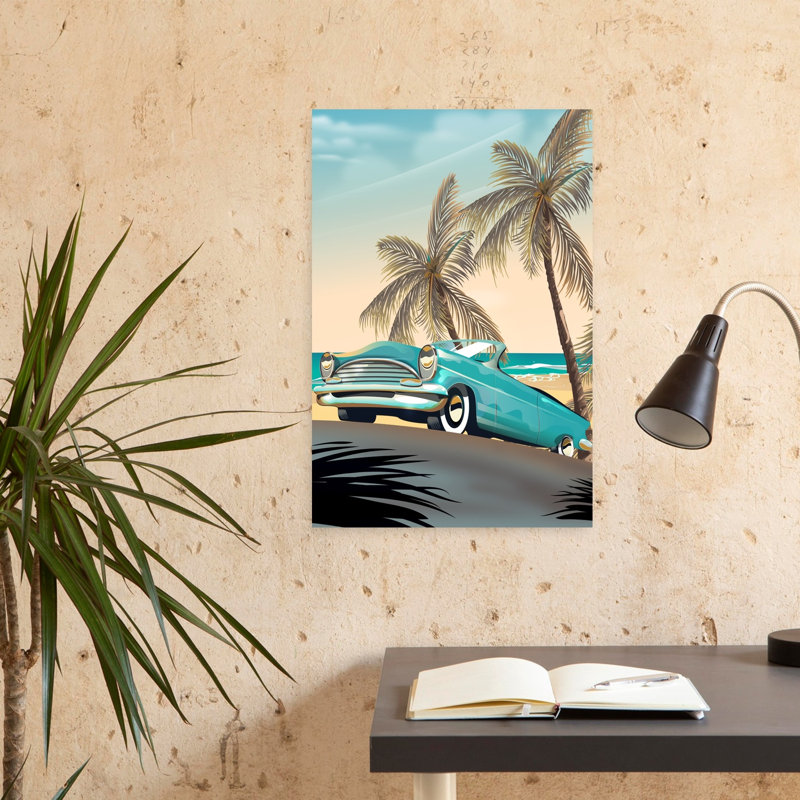 «Retro Beach Car Ride Classic Retro Vintage Palm Tree Coastal», art mural, H 24 po x l 16 po