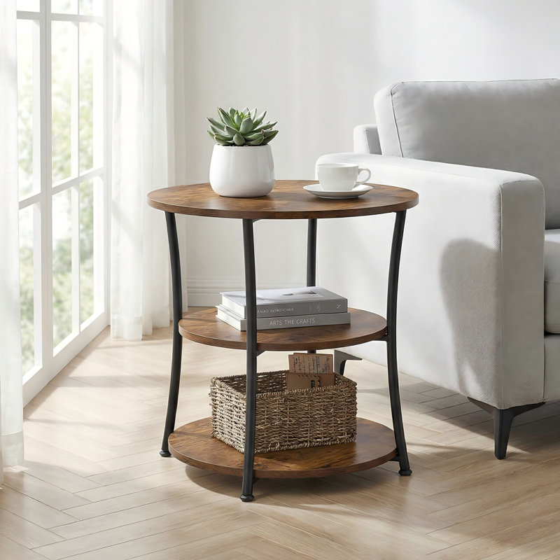 Graeber Round End Table with 3-Tier Storage Shelves, Rustic Brown/Black