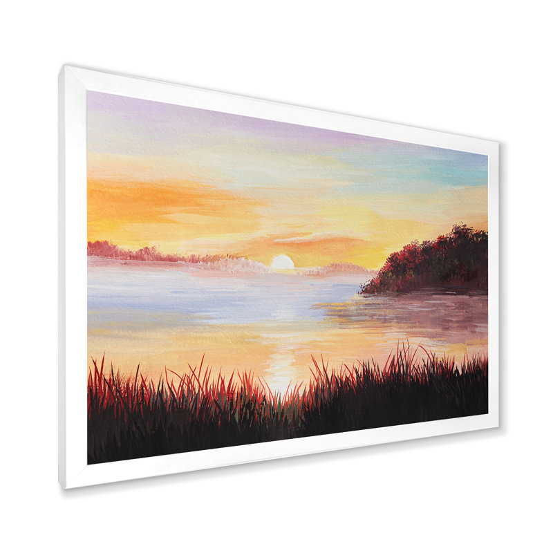 Sur le lac avec les roseaux - Peinture sur toile, H 24 po x l 32 po x P 1 po, Cadre blanc