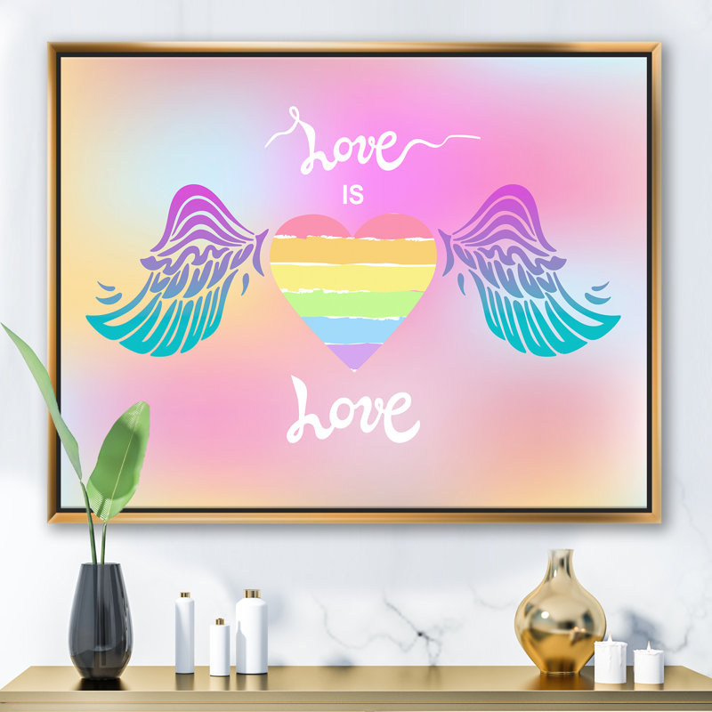 «Love Is Love Winged Heart», reproduction d'impression sur toile, H 30 po x l 40 po x 1,5 po, Toile encadrée d'or