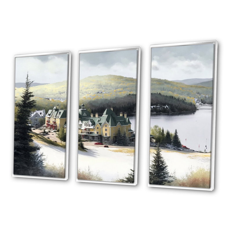«Medfield», «Mont Season Winter Winter V», reproduction sur toile 3 pièces, Cadre blanc, H 32 po x l 48 po x P 1 po