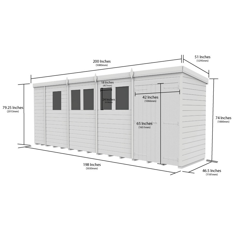 Total Sheds 17ft x 4ft Pent Garden Shed - Double Door - With Windows - Pressure Treated Timber - UK Manufactured