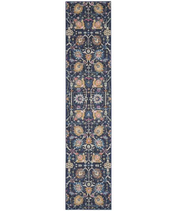 Tapis bleu marine / orange en polypropylène tissé à la machine, Tapis de couloir 2 pi 2 po x 10 pi