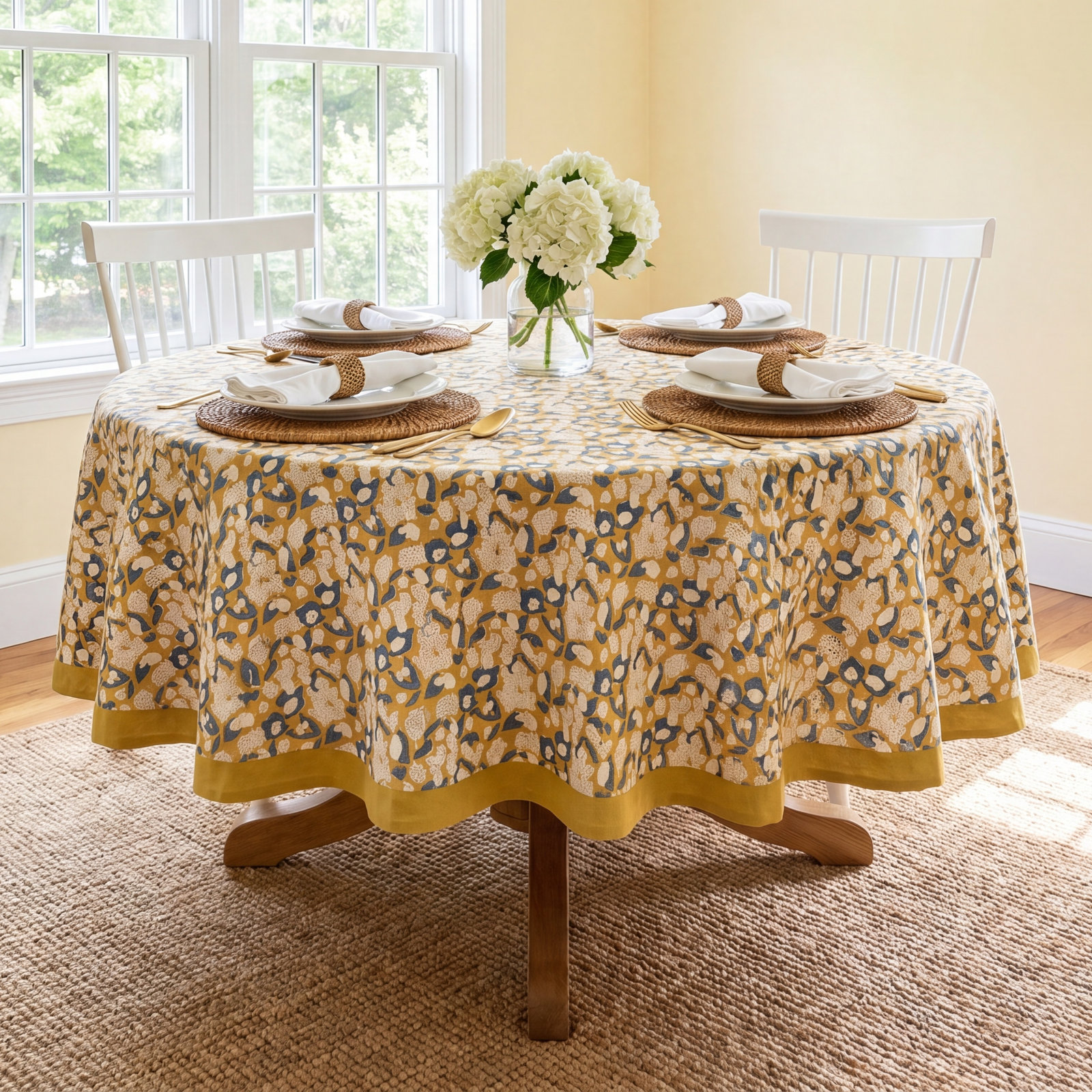 Bryssa Floral Tablecloth, 70" x 70", Mustard/Gray