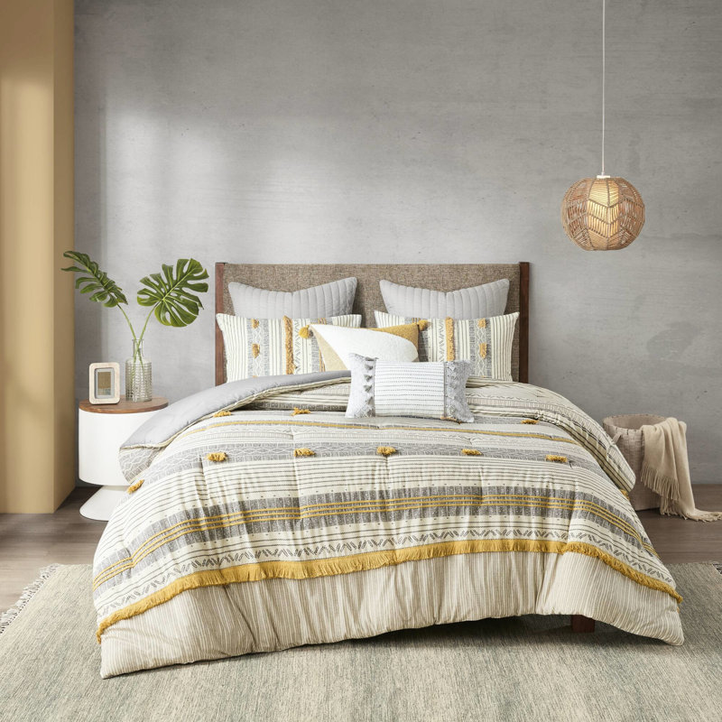 Édredon 3 pièces gris / jaune double / grand, imprimé 100% coton rayé, rembourrage, literie distinctive avec imprimé et attrayant