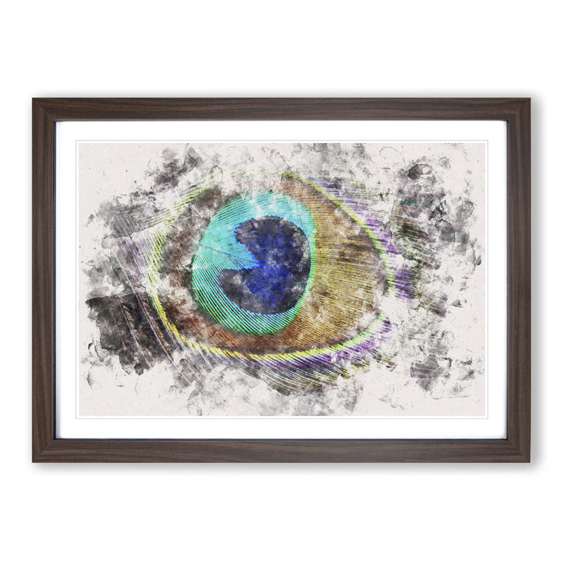 Delicate Peacock Feather - Single Picture Frame Painting on MDF, Walnut Framed, 36cm H x 48cm W x 2cm D