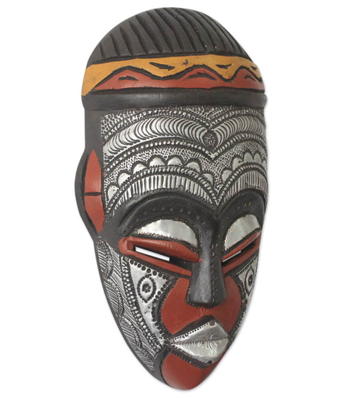 Masque en bois sculpté à la main daimuwa iii avec décoration murale en aluminium en relief