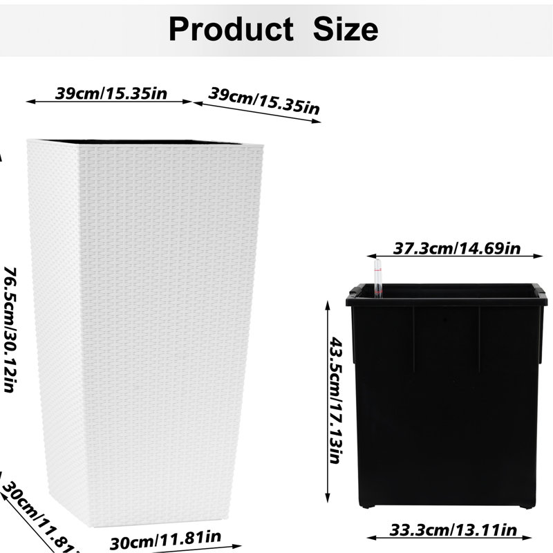 Pot à fleurs carré moderne en plastique blanc de 30 pouces avec système d'arrosage automatique pour l'extérieur élégant de la maison et du jardin