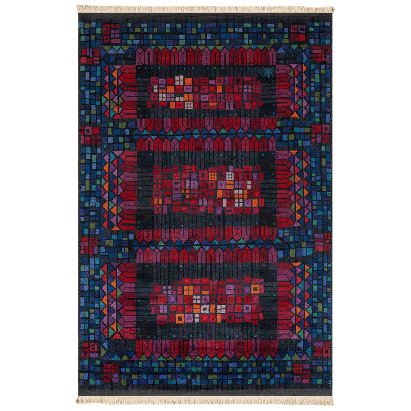 Tapis tribal géométrique vibrant Pixelated, Rouge / Bleu